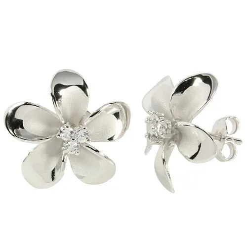 Sterling Silver Rhodium Plated Plumeria with Three CZ Prong Post Earrings (12mm/18mm)