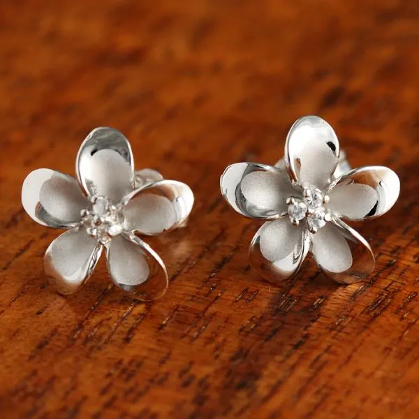 Sterling Silver Rhodium Plated Plumeria with Three CZ Prong Post Earrings (12mm/18mm)