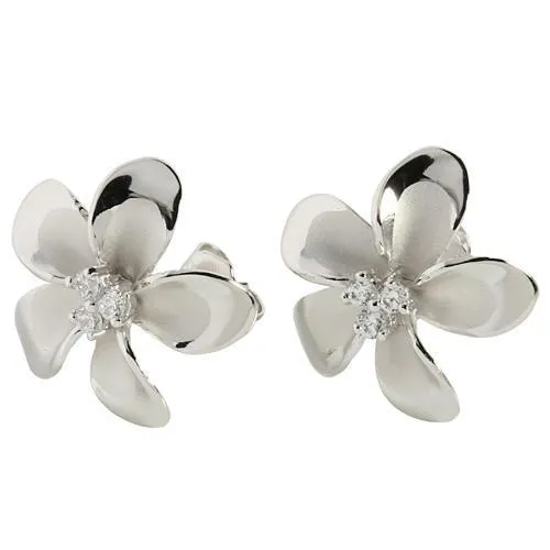 Sterling Silver Rhodium Plated Plumeria with Three CZ Prong Post Earrings (12mm/18mm)