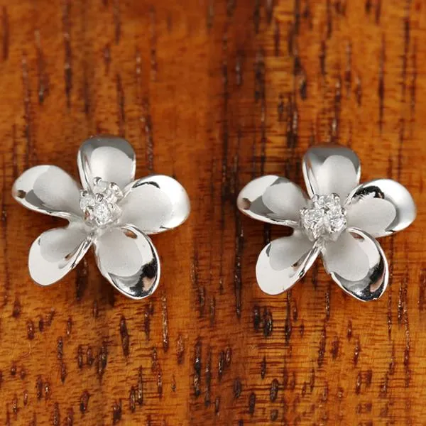 Sterling Silver Rhodium Plated Plumeria with Three CZ Prong Post Earrings (12mm/18mm)