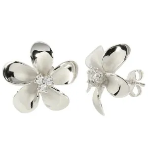 Sterling Silver Rhodium Plated Plumeria with Three CZ Prong Post Earrings (12mm/18mm)