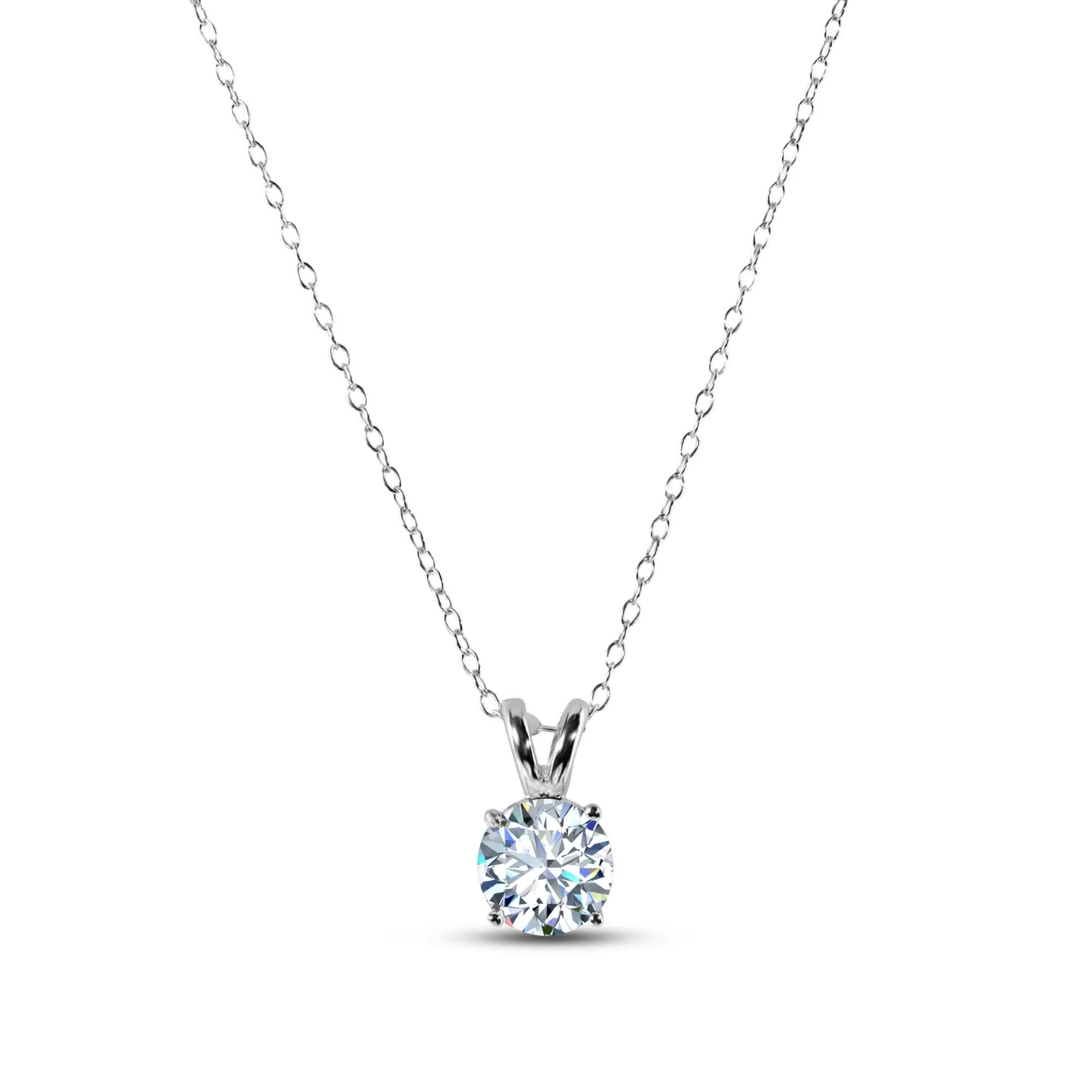 Sterling Silver Rhodium Plated Round Clear CZ V-Bail Solitaire Necklace - BGP00515A