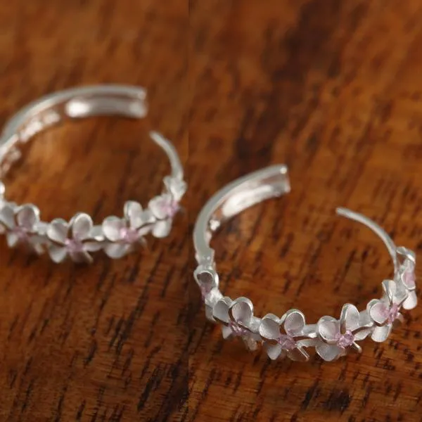 Sterling Silver Six Plumeria with Pink CZ Hoop Earrings