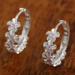 Sterling Silver Six Plumeria with Pink CZ Hoop Earrings