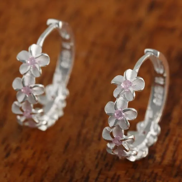 Sterling Silver Six Plumeria with Pink CZ Hoop Earrings