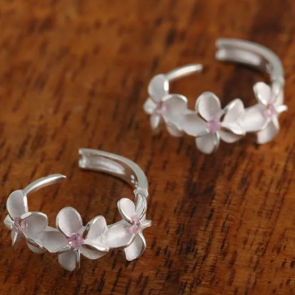 Sterling Silver Three 6mm Plumeria with Pink CZ Hoop Earrings