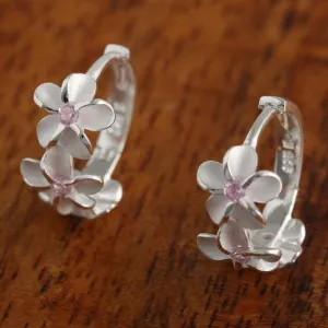 Sterling Silver Three 6mm Plumeria with Pink CZ Hoop Earrings