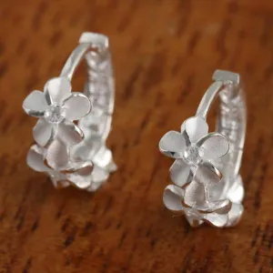 Sterling Silver Three Plumeria with CZ Hoop Earrings