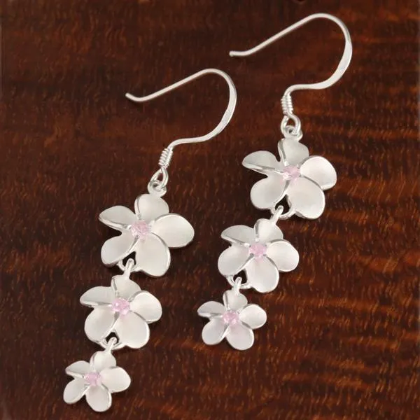 Sterling Silver Three Plumeria with Pink CZ Hook Earrings (S/L)