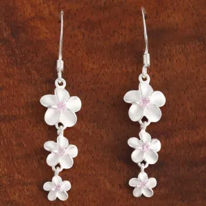 Sterling Silver Three Plumeria with Pink CZ Hook Earrings (S/L)