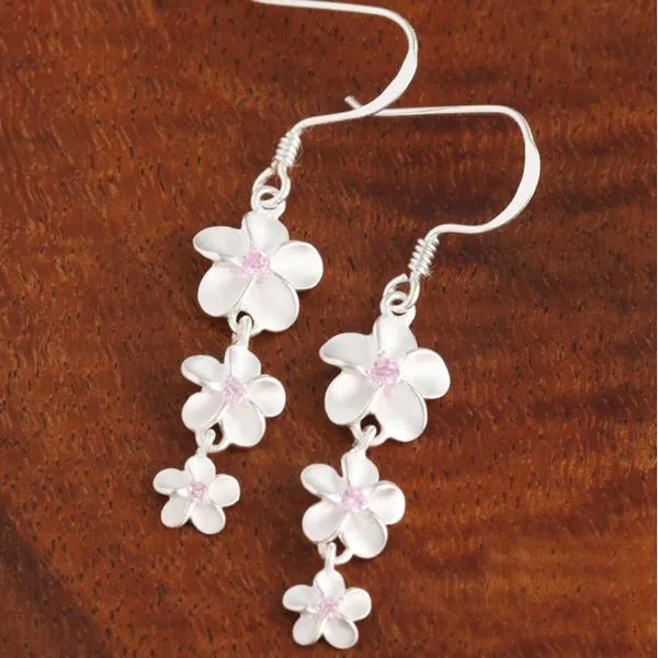 Sterling Silver Three Plumeria with Pink CZ Hook Earrings (S/L)
