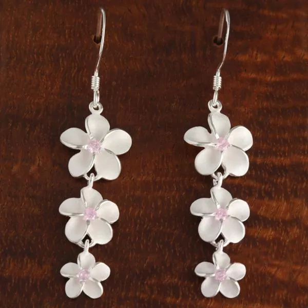 Sterling Silver Three Plumeria with Pink CZ Hook Earrings (S/L)