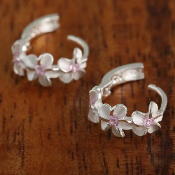 Sterling Silver Three Plumeria with Pink CZ Hoop Earrings