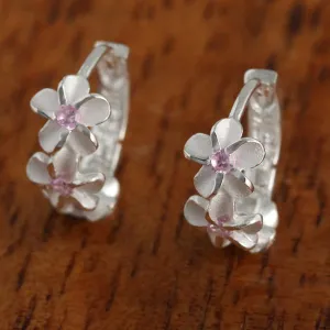 Sterling Silver Three Plumeria with Pink CZ Hoop Earrings