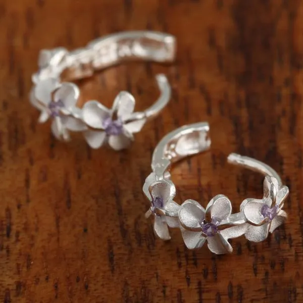 Sterling Silver Three Plumeria with Purple CZ Hoop Earrings