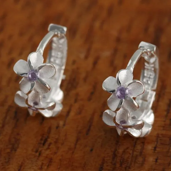 Sterling Silver Three Plumeria with Purple CZ Hoop Earrings