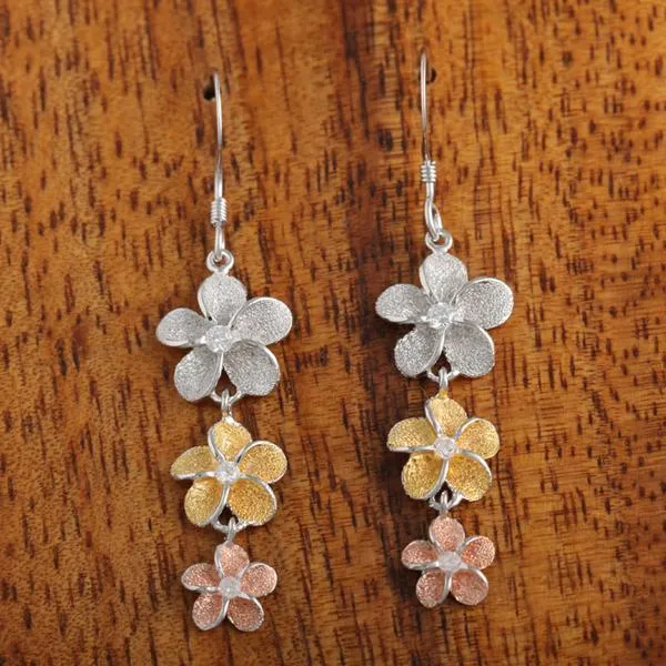 Sterling Silver Tri-Color Three Plumeria with CZ Raised Sandblast Hook Earrings (S/L)