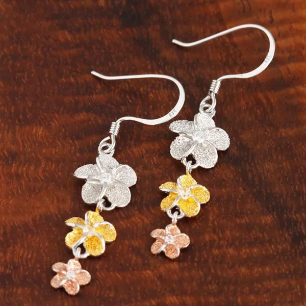 Sterling Silver Tri-Color Three Plumeria with CZ Raised Sandblast Hook Earrings (S/L)
