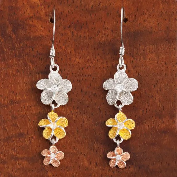 Sterling Silver Tri-Color Three Plumeria with CZ Raised Sandblast Hook Earrings (S/L)
