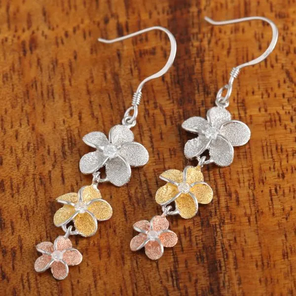 Sterling Silver Tri-Color Three Plumeria with CZ Raised Sandblast Hook Earrings (S/L)