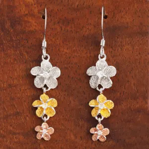 Sterling Silver Tri-Color Three Plumeria with CZ Raised Sandblast Hook Earrings (S/L)