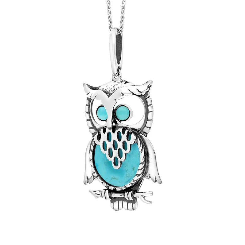 Sterling Silver Turquoise Large Owl On Branch Necklace