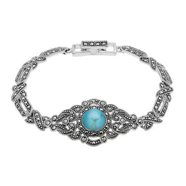 Sterling Silver Turquoise Marcasite Cross Link Bracelet