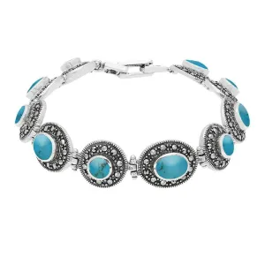 Sterling Silver Turquoise Marcasite Oval Link Bracelet