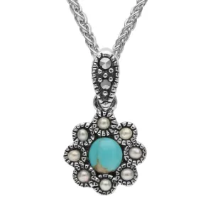 Sterling Silver Turquoise Marcasite Pearl Rounded Bead Edge Pendant Necklace