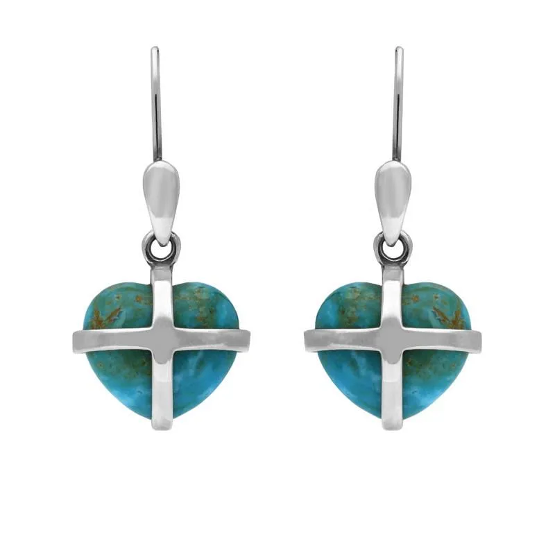 Sterling Silver Turquoise Small Cross Heart Drop Earrings