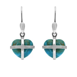 Sterling Silver Turquoise Small Cross Heart Drop Earrings