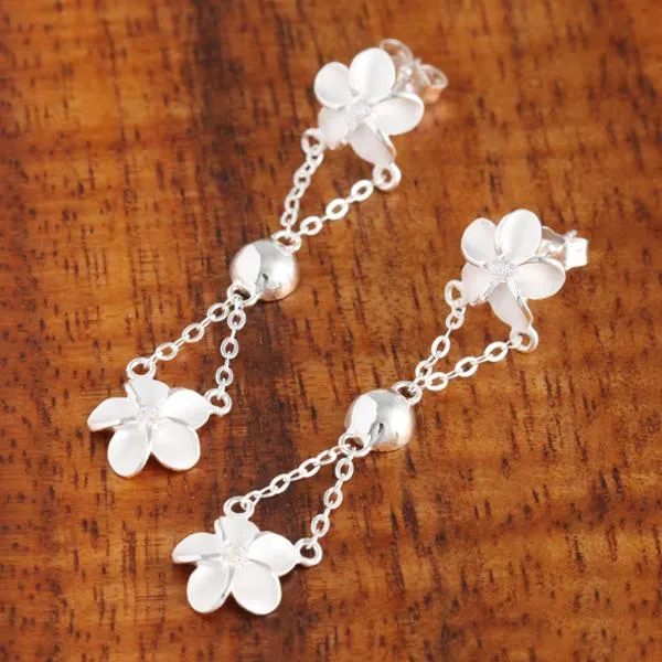 Sterling Silver Two 10mm Plumeria with CZ and Bead Post Earrings