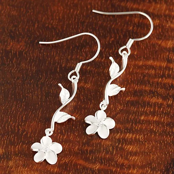 Sterling Silver Two Leaf and Plumeria with CZ Hook Earrings