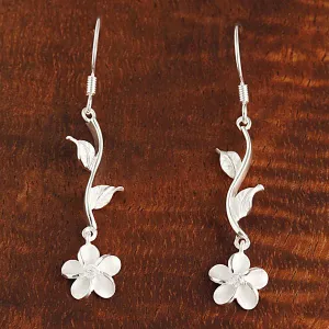 Sterling Silver Two Leaf and Plumeria with CZ Hook Earrings