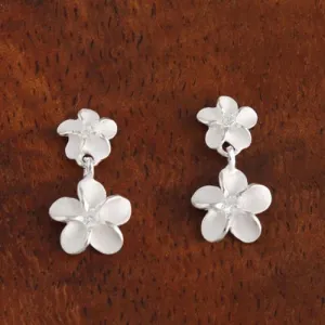 Sterling Silver Two Plumeria with CZ Post Earrings (S/L)