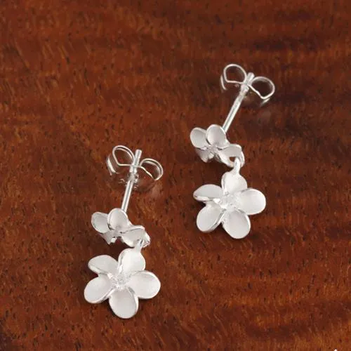 Sterling Silver Two Plumeria with CZ Post Earrings (S/L)