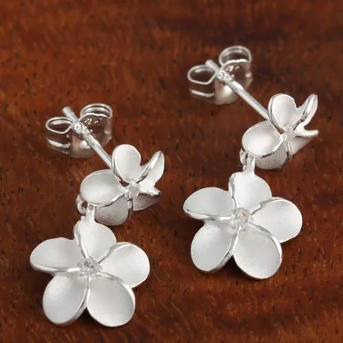 Sterling Silver Two Plumeria with CZ Post Earrings (S/L)