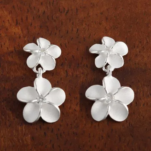 Sterling Silver Two Plumeria with CZ Post Earrings (S/L)