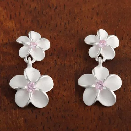 Sterling Silver Two Plumeria with Pink CZ Post Earrings (S/L)
