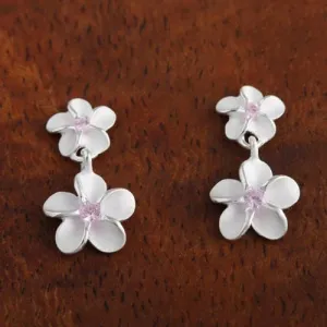 Sterling Silver Two Plumeria with Pink CZ Post Earrings (S/L)