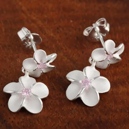 Sterling Silver Two Plumeria with Pink CZ Post Earrings (S/L)