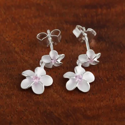 Sterling Silver Two Plumeria with Pink CZ Post Earrings (S/L)