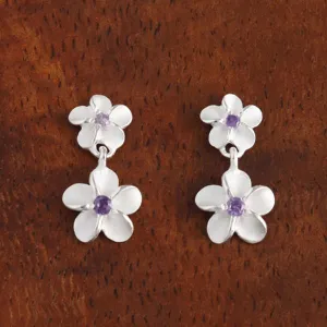 Sterling Silver Two Plumeria with Purple CZ Post Earrings (S/L)