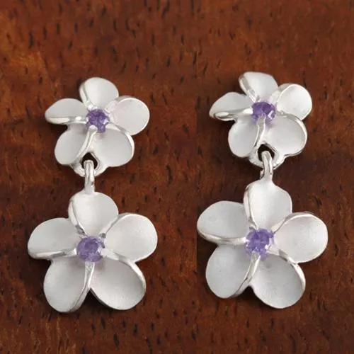 Sterling Silver Two Plumeria with Purple CZ Post Earrings (S/L)