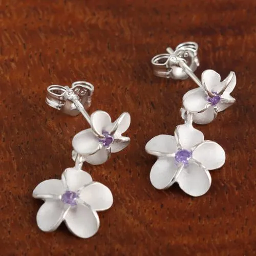Sterling Silver Two Plumeria with Purple CZ Post Earrings (S/L)