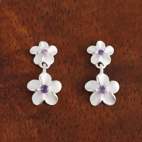 Sterling Silver Two Plumeria with Purple CZ Post Earrings (S/L)