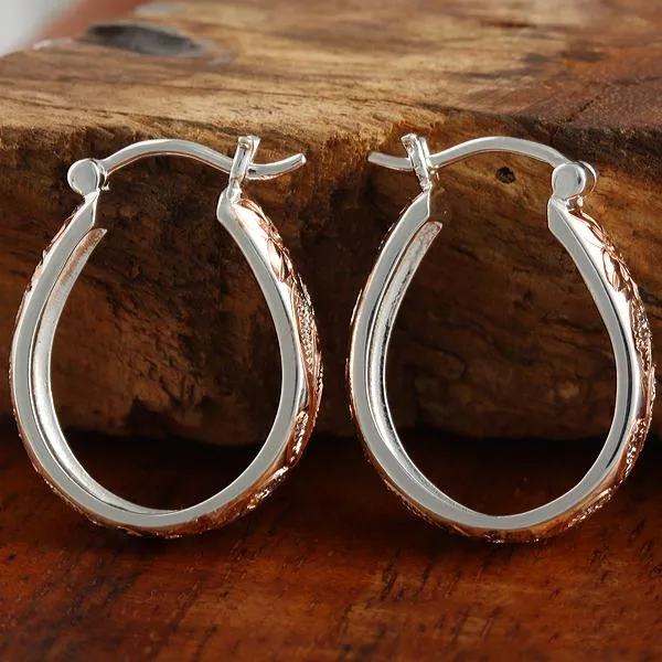 Sterling Silver Two Tone Pink Gold Plated Hawaiian Scroll Oval Hinged Back Earrings (S/L)