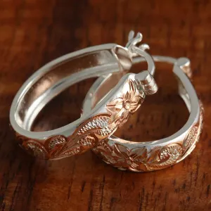 Sterling Silver Two Tone Pink Gold Plated Hawaiian Scroll Oval Hinged Back Earrings (S/L)