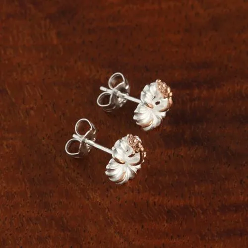 Sterling Silver Two Tone Pink Gold Plated Hibiscus Sandblast Post Earrings 8mm