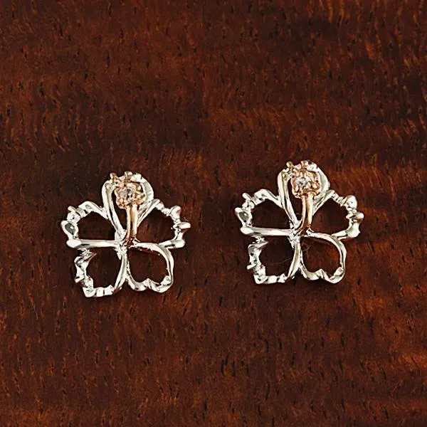 Sterling Silver Two Tone Pink Gold Plated Hibiscus with CZ Floating Post Earrings (8-18mm)
